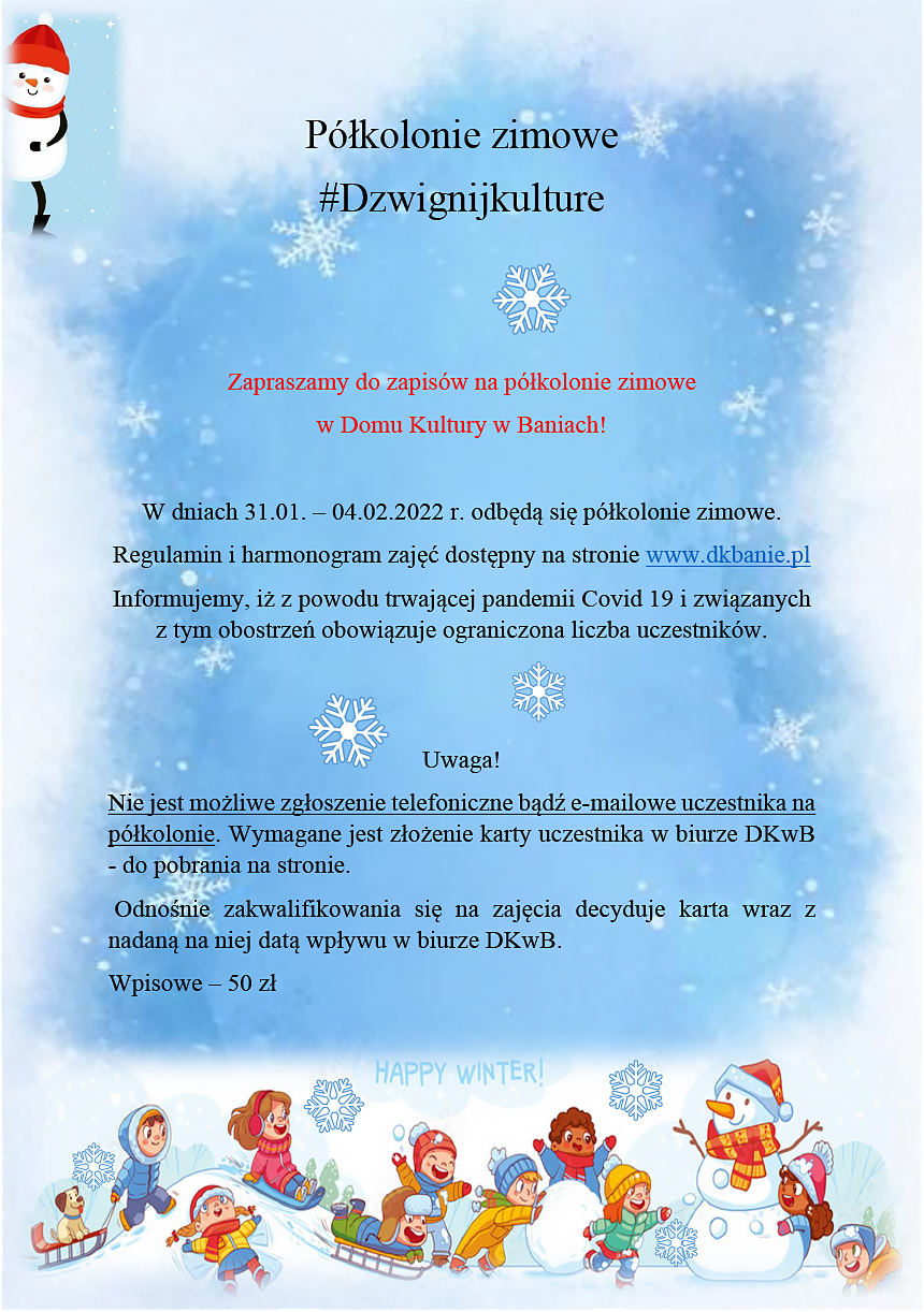 Plakat zapraszający na Półkolenie zimowe w DKwB